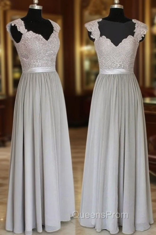 A-Line Gray Long Evening Prom Dress, Gray Lace Bridesmaid Dress Main image