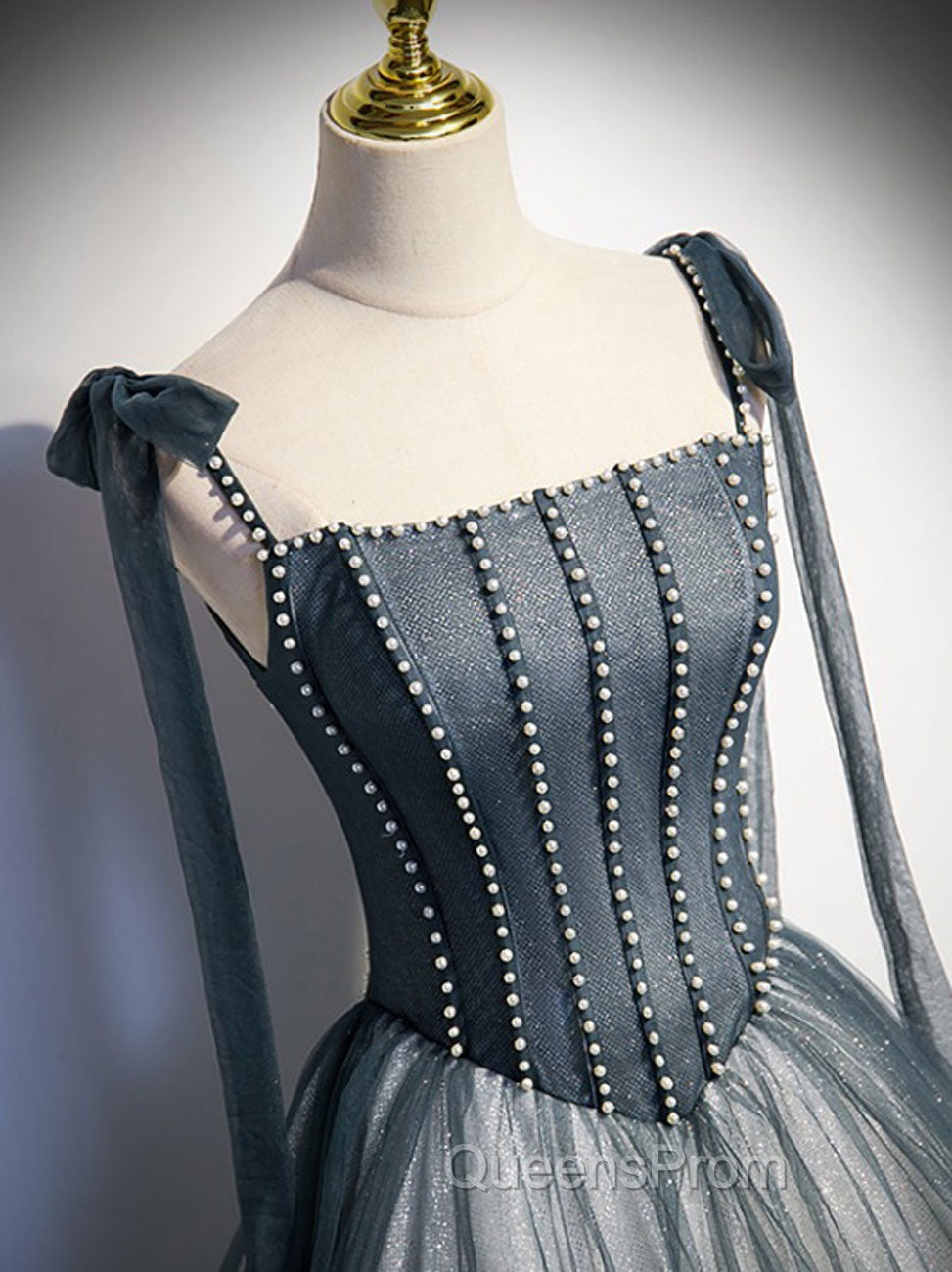 A Line Gray Long Evening Prom Dress, Tulle Gray Evening Graduation Dress with Beading Secondary image