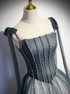 A Line Gray Long Evening Prom Dress, Tulle Gray Evening Graduation Dress with Beading