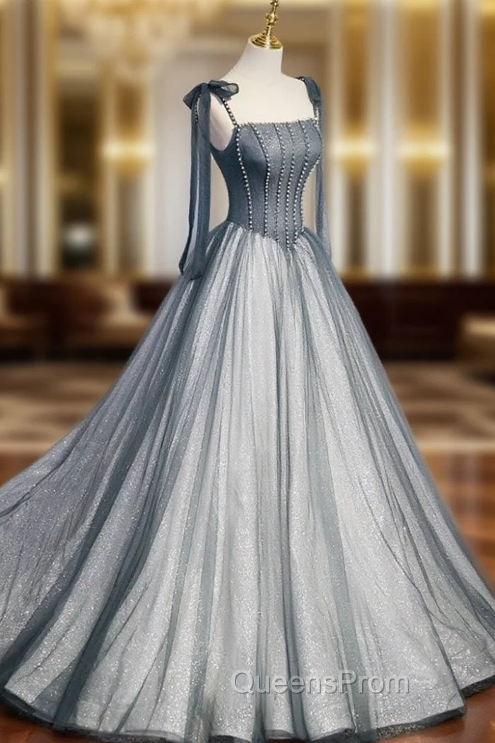 A Line Gray Long Evening Prom Dress, Tulle Gray Evening Graduation Dress with Beading Main image