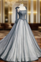 A Line Gray Long Evening Prom Dress, Tulle Gray Evening Graduation Dress with Beading