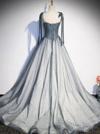 A Line Gray Long Evening Prom Dress, Tulle Gray Evening Graduation Dress with Beading