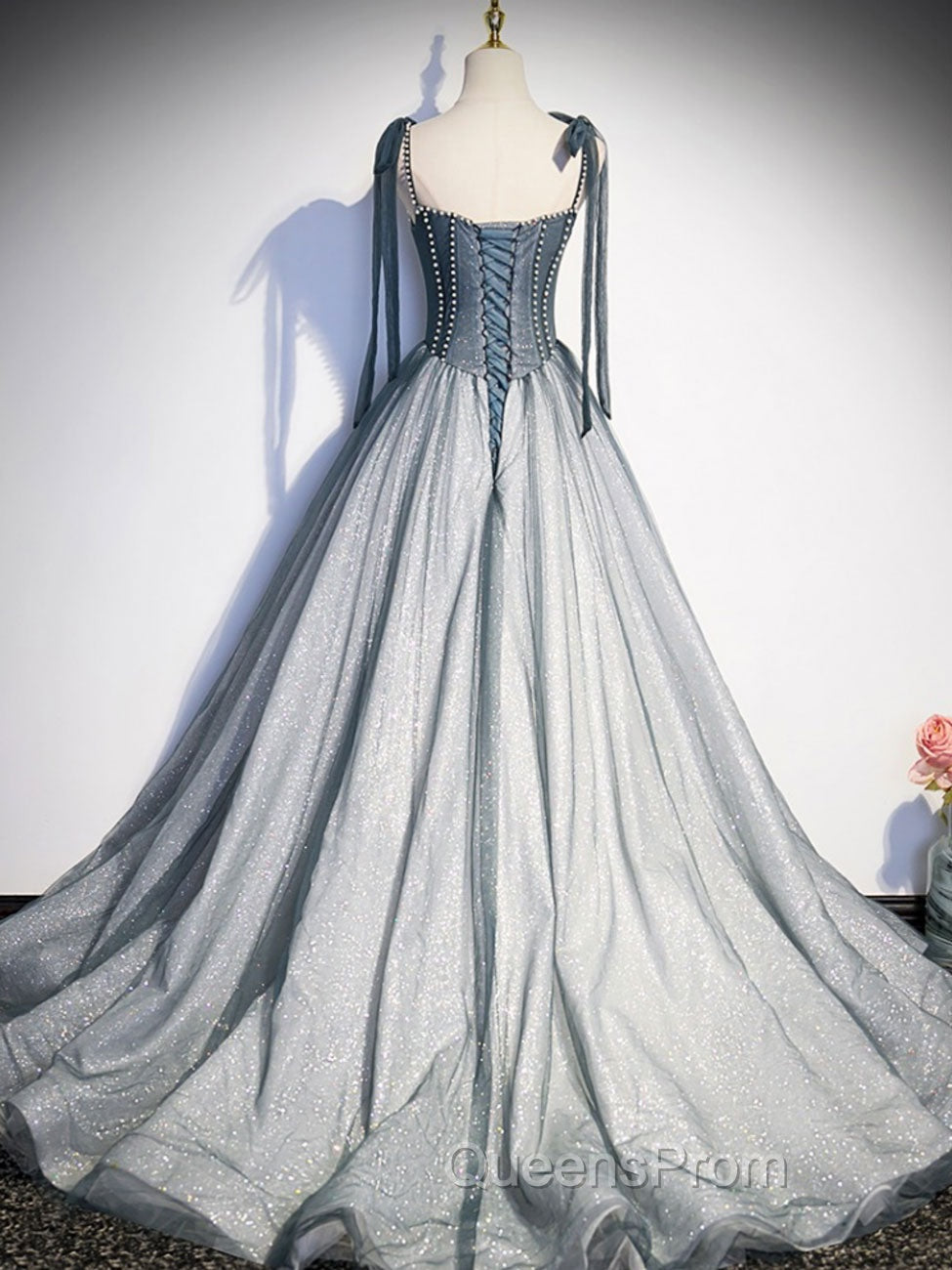 A Line Gray Long Evening Prom Dress, Tulle Gray Evening Graduation Dress with Beading