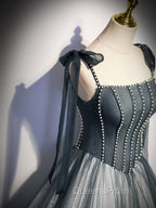 A Line Gray Long Evening Prom Dress, Tulle Gray Evening Graduation Dress with Beading