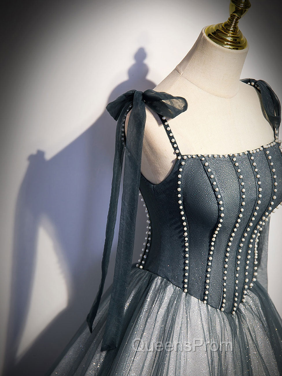 A Line Gray Long Evening Prom Dress, Tulle Gray Evening Graduation Dress with Beading