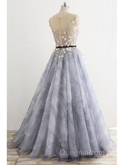 A-Line Gray Rround Neck Tulle Long Evening Prom Dress Grey Evening Dress,