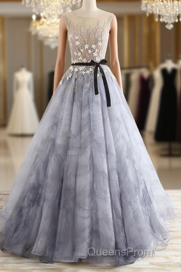 A-Line Gray Rround Neck Tulle Long Evening Prom Dress Grey Evening Dress, Main image