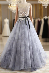 A-Line Gray Rround Neck Tulle Long Evening Prom Dress Grey Evening Dress,