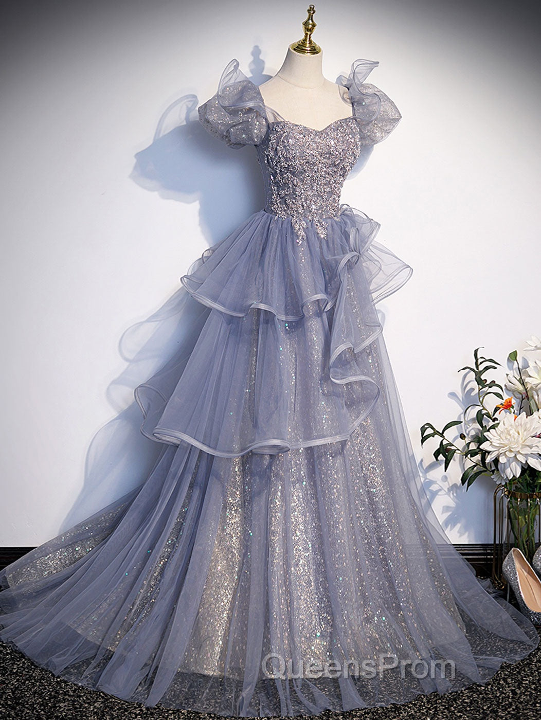 A-Line Gray Sequin Long Evening Prom Dress, Sequin Tulle Formal Evening Dress Secondary image