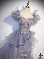 A-Line Gray Sequin Long Evening Prom Dress, Sequin Tulle Formal Evening Dress
