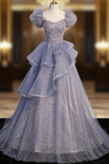 A-Line Gray Sequin Long Evening Prom Dress, Sequin Tulle Formal Evening Dress