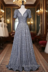 A-Line Gray Sequins V-neck Evening Prom Dress