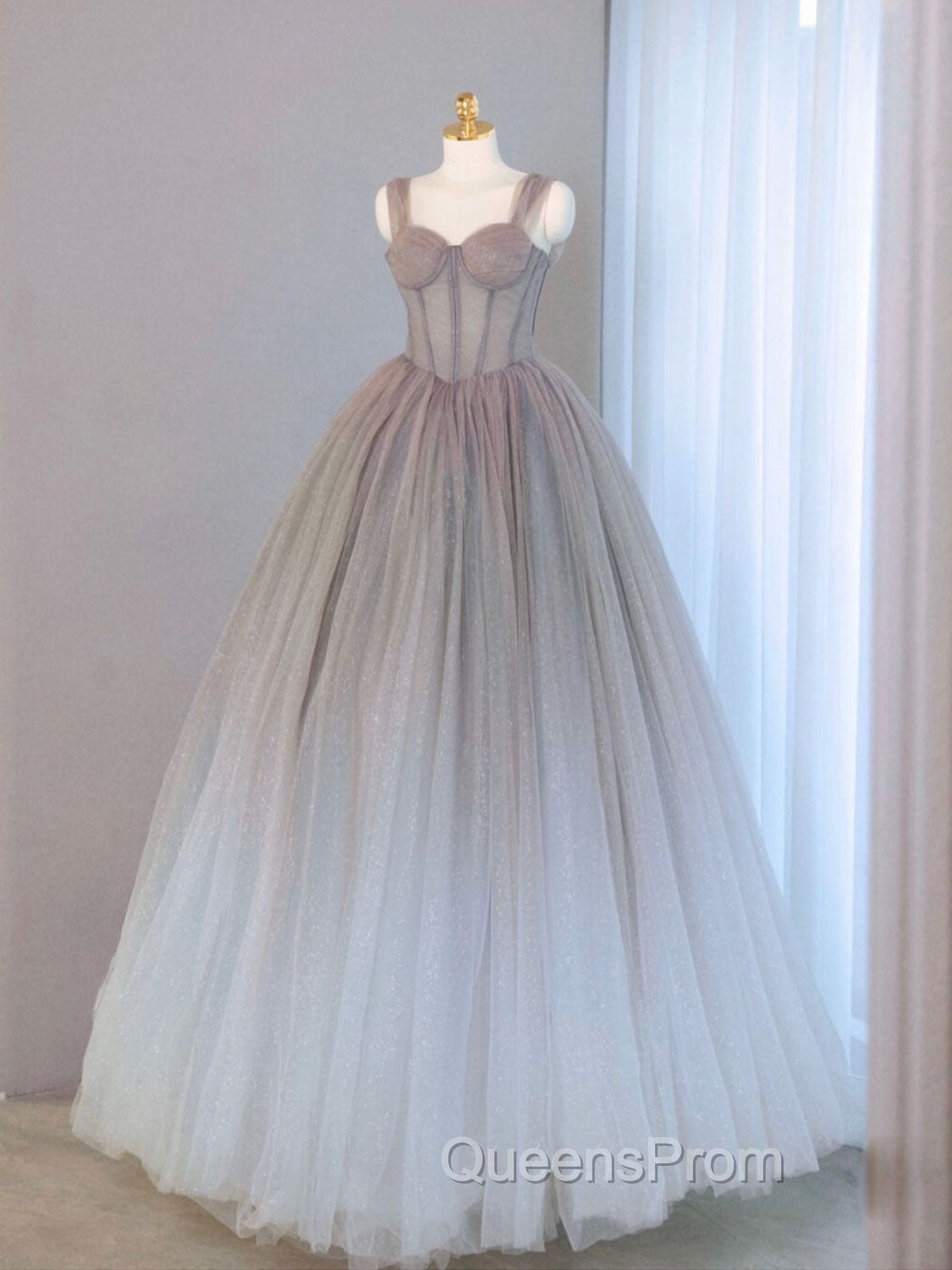 A-Line Gray Sweetheart Neck Long Evening Prom Dress, Gray Evening Dress