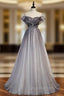A-Line Gray Tulle Beading Cap Sleeve Evening Prom Dress