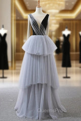 A-Line Gray Tulle Black Velvet Bateau Backless Evening Prom Dress
