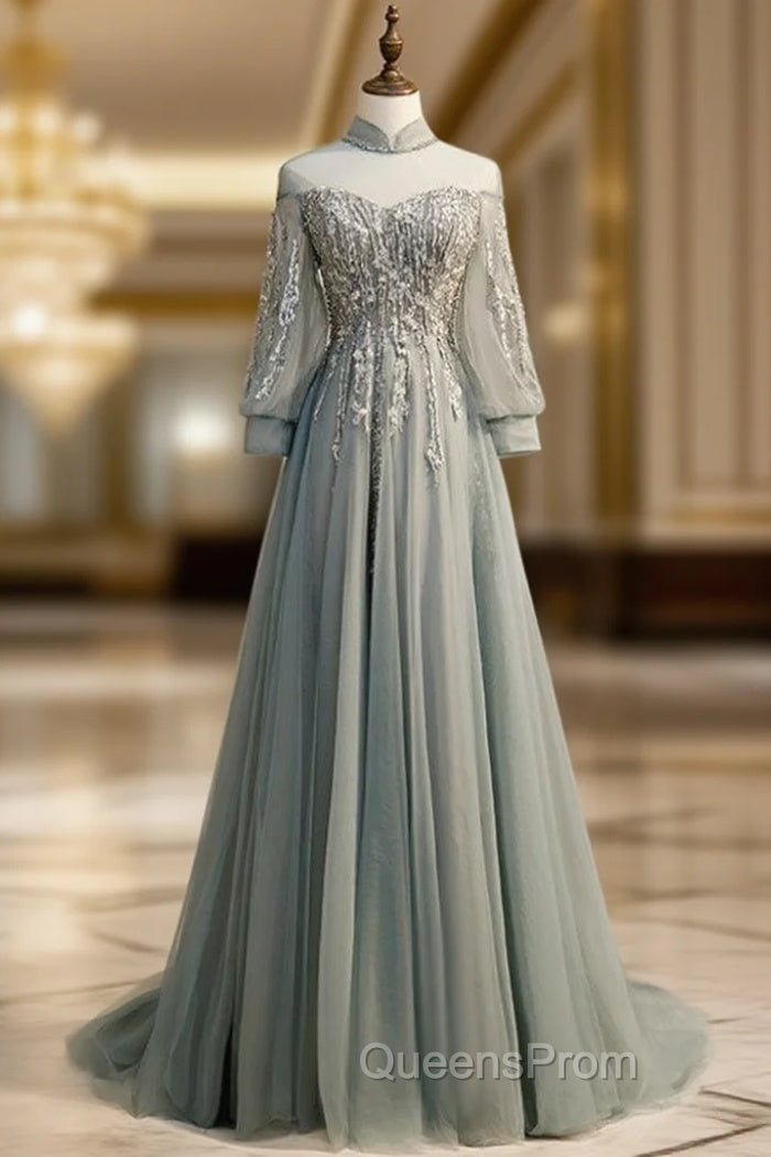 A-Line Gray Tulle Long Sleeve High Neck Backless Beading Evening Prom Dress