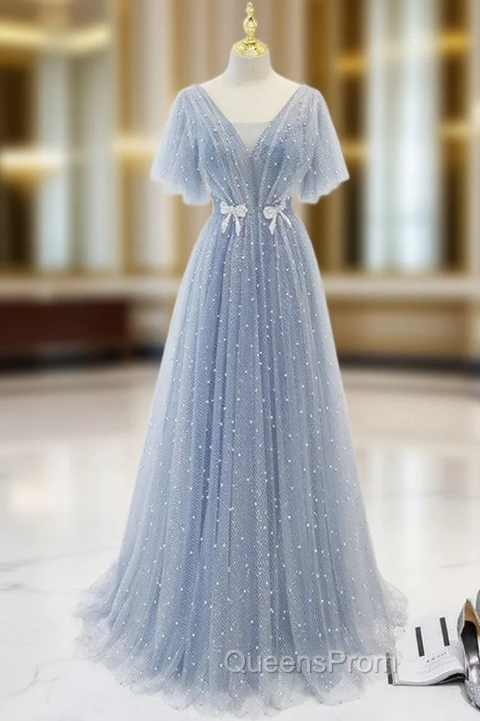 A-Line Gray Tulle Pearls V-neck Evening Prom Dress