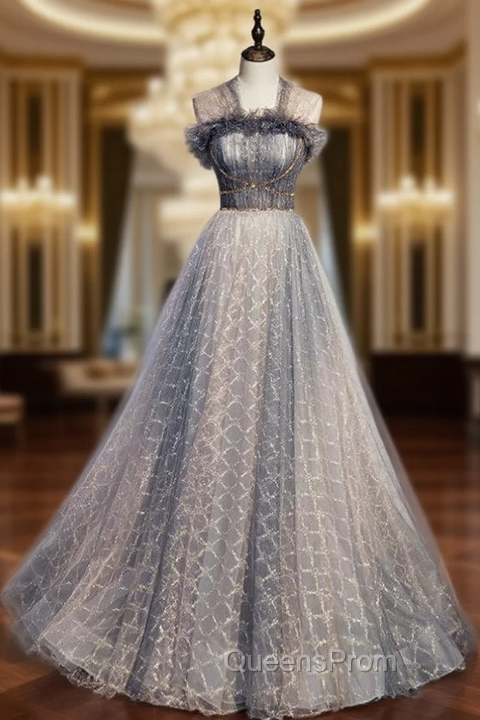 A-Line Gray Tulle Pleats Beading Evening Prom Dress
