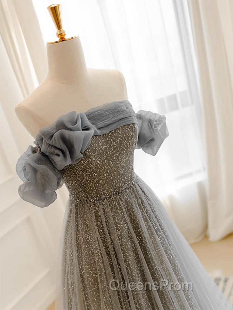 A-Line Gray Tulle Sequin Long Evening Prom Dress, Gray Long Evening Dress