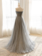 A-Line Gray Tulle Sequin Long Evening Prom Dress, Gray Long Evening Dress