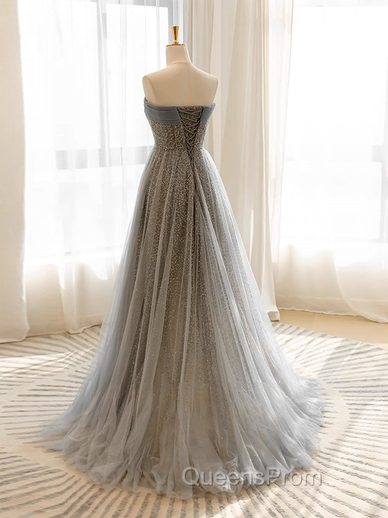 A-Line Gray Tulle Sequin Long Evening Prom Dress, Gray Long Evening Dress
