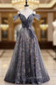 A-Line Gray Tulle Sequins Spaghetti Straps Evening Prom Dress