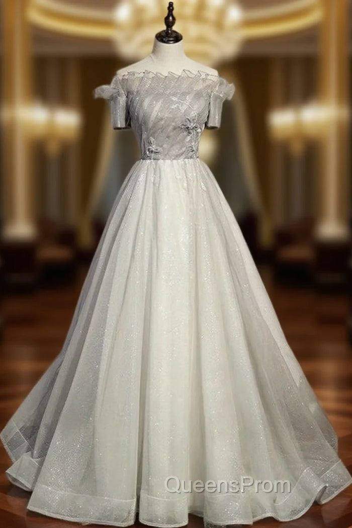 A-Line Gray Tulle Short Sleeve Beading Evening Prom Dress