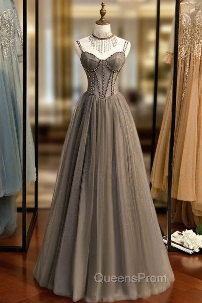 A-Line Gray Tulle Spagehtti Straps Beading Evening Prom Dress