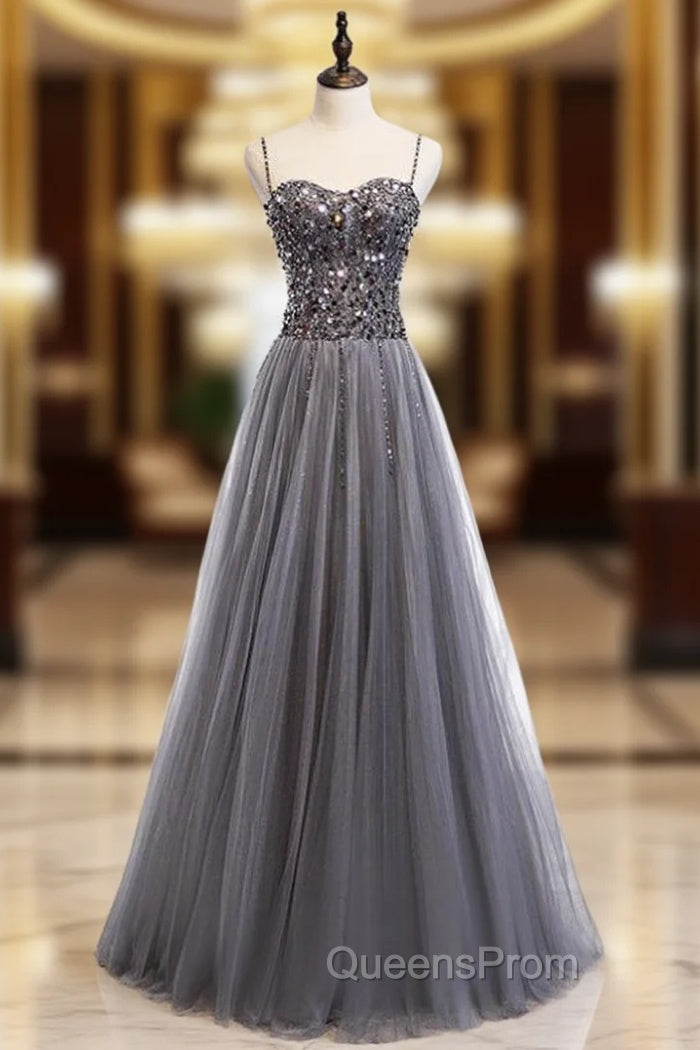 A-Line Gray Tulle Spagehtti Straps Sequins Evening Prom Dress
