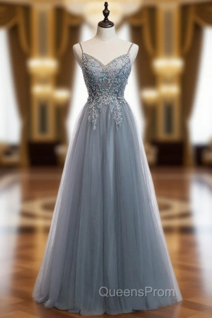 A-Line Gray Tulle Spaghetti Straps Sequins Evening Prom Dress