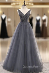 A-Line Gray Tulle V-neck Backless Beading Evening Prom Dress