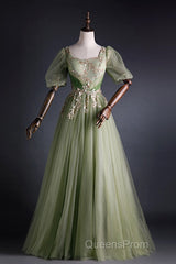 A Line Green Applique Evening Prom Dress Sweet Tulle Birthday Party Dress