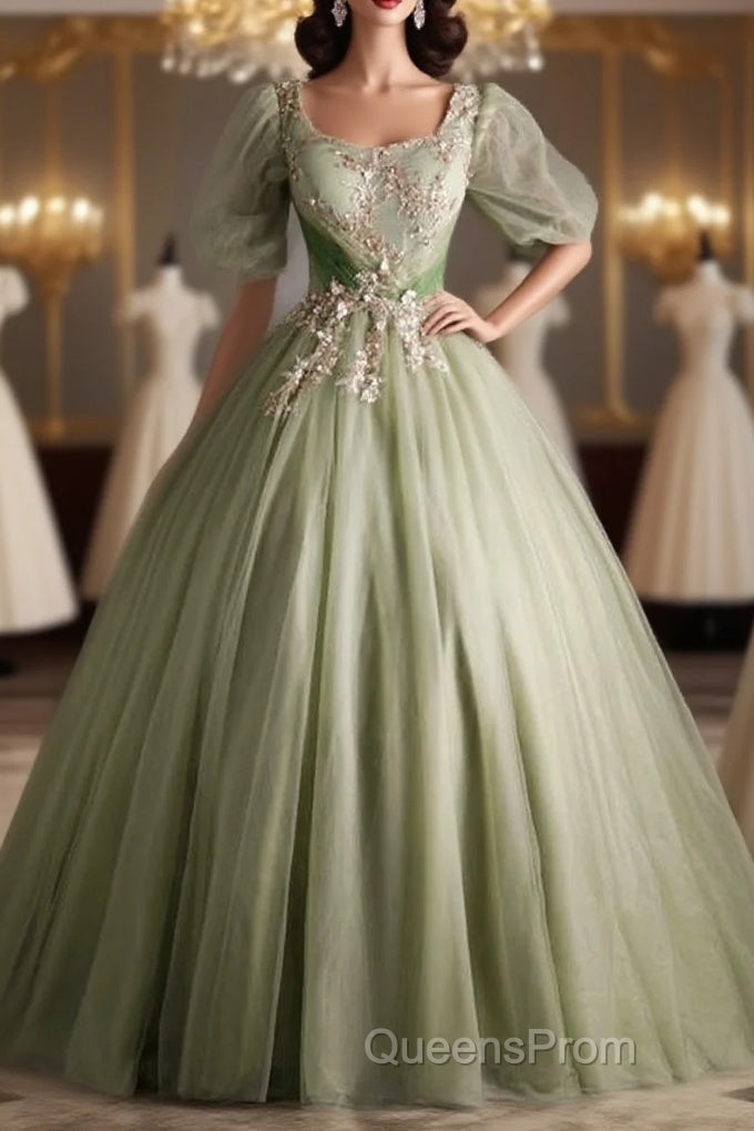 A Line Green Applique Evening Prom Dress Sweet Tulle Birthday Party Dress Main image