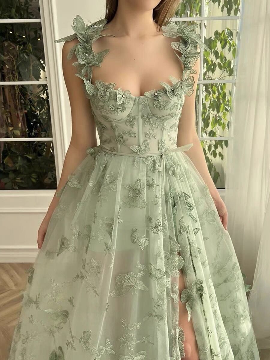 A line Green Corset Long Tulle Prom Dress With 3D Butterflies Secondary image