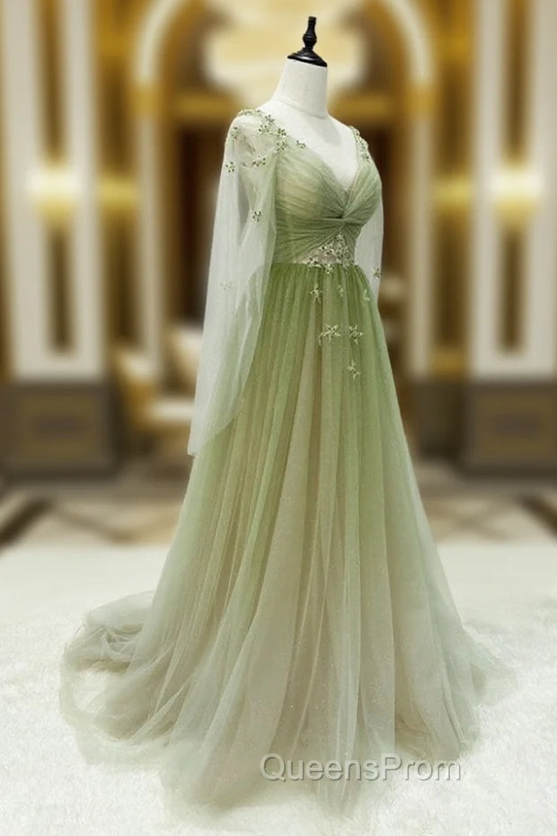 A-line Green Gradient Puffy Sleeves Tulle Long Party Dress, Green Long Evening Prom Dress Main image