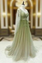 A-line Green Gradient Puffy Sleeves Tulle Long Party Dress, Green Long Evening Prom Dress