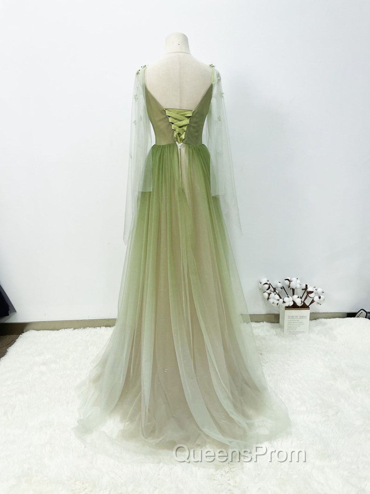 A-line Green Gradient Puffy Sleeves Tulle Long Party Dress, Green Long Evening Prom Dress