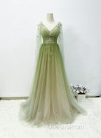 A-line Green Gradient Puffy Sleeves Tulle Long Party Dress, Green Long Evening Prom Dress