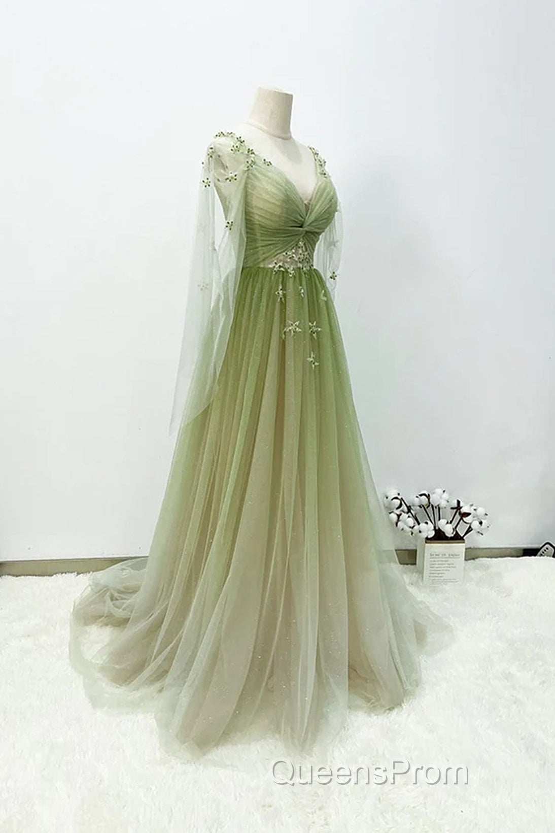 A-Line Green Gradient Tulle Long Sleeves Party Dress, V-Neckline Green Formal Dress Evening Prom Dress Secondary image