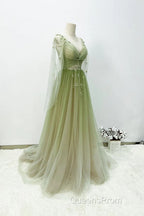 A-Line Green Gradient Tulle Long Sleeves Party Dress, V-Neckline Green Formal Dress Evening Prom Dress