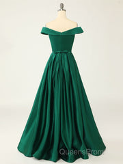 A-Line Green Off Shoulder Long Evening Prom Dress, Green Formal Evening Dress