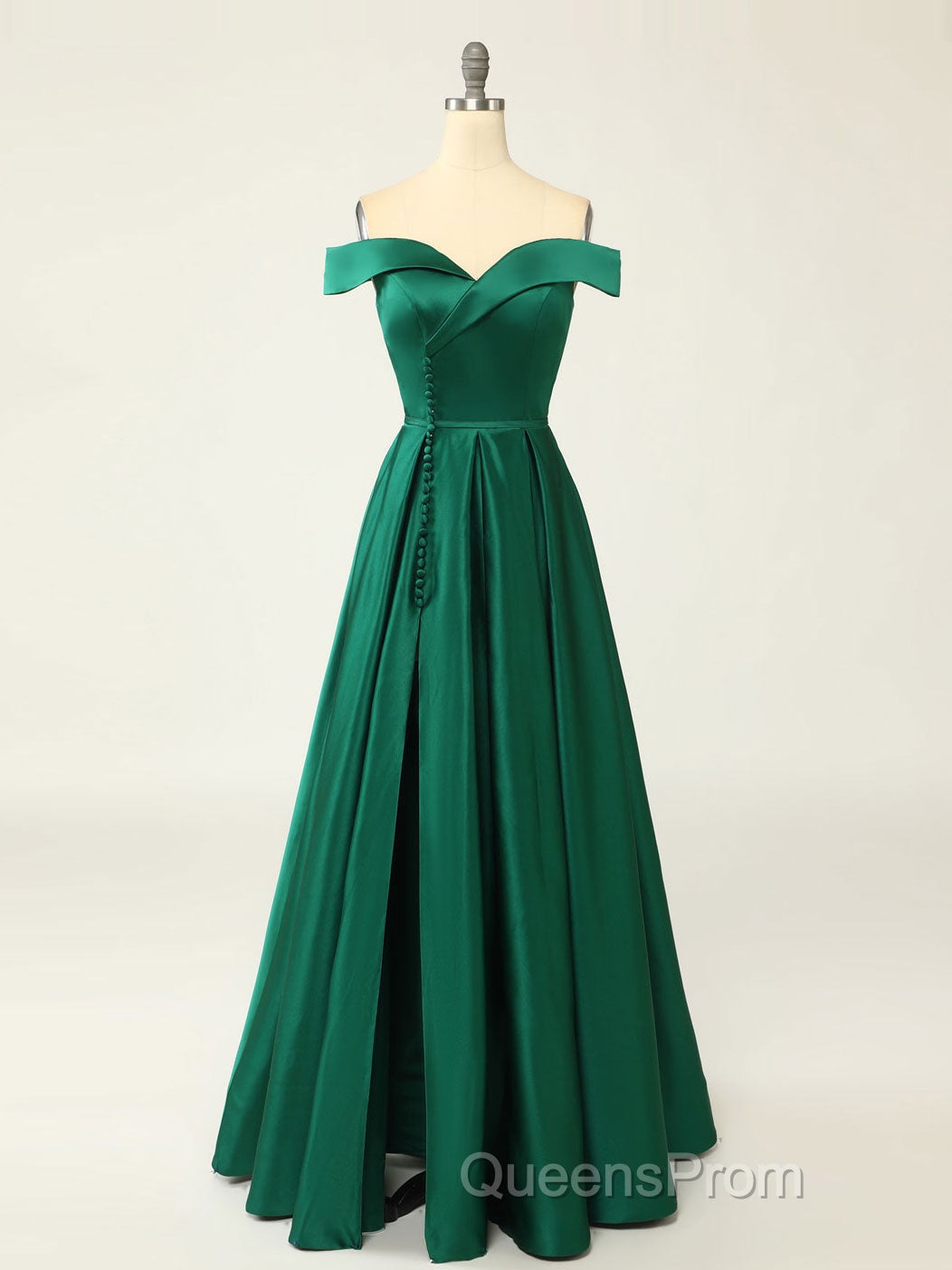A-Line Green Off Shoulder Long Evening Prom Dress, Green Formal Evening Dress