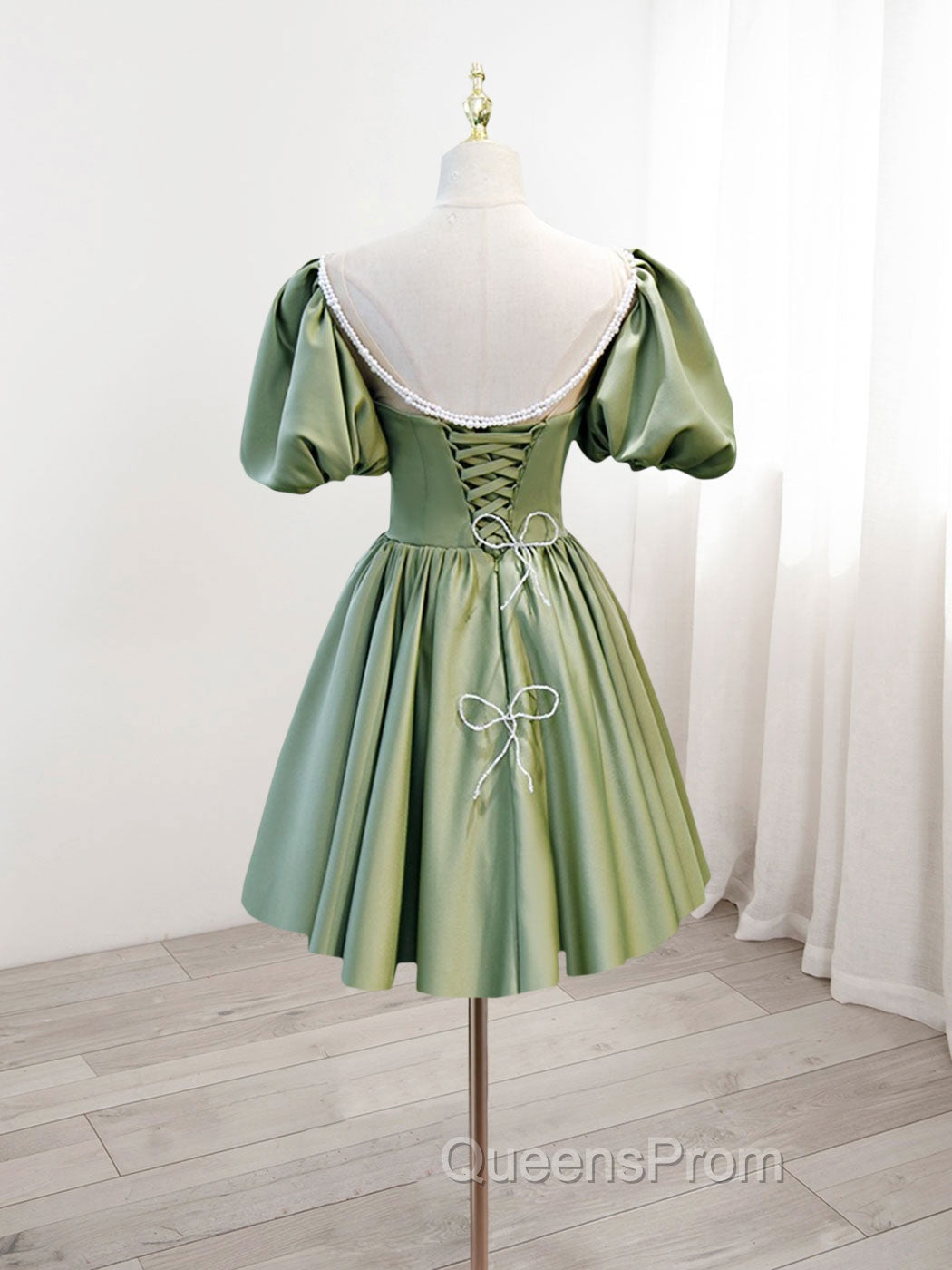 A-Line Green Puffy Sleeve Satin Short Evening Prom Dress, Green Short Evening Dress Secondary image