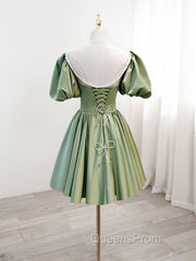 A-Line Green Puffy Sleeve Satin Short Evening Prom Dress, Green Short Evening Dress