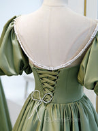 A-Line Green Puffy Sleeve Satin Short Evening Prom Dress, Green Short Evening Dress