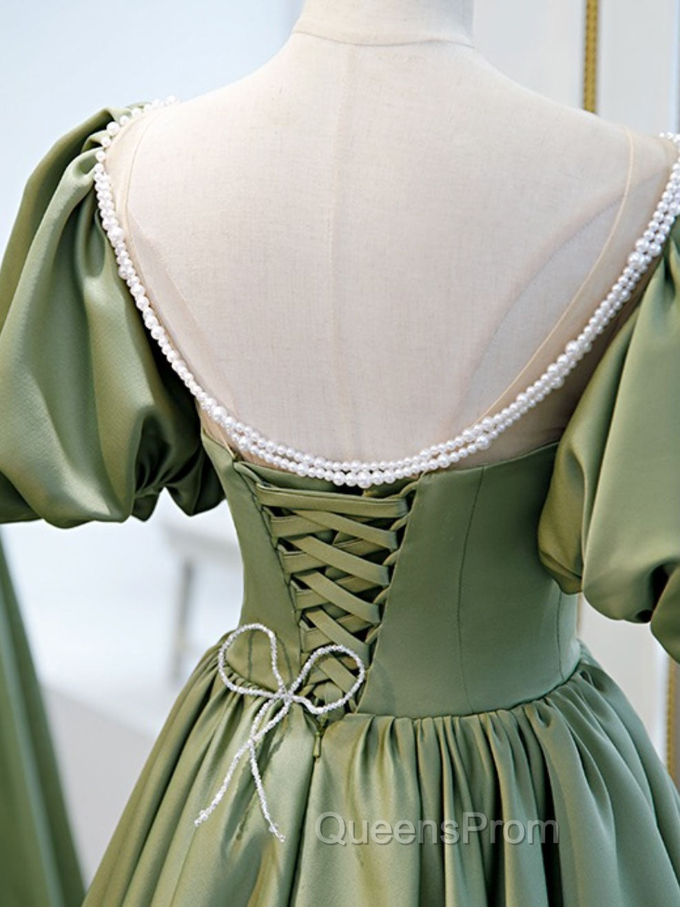 A-Line Green Puffy Sleeve Satin Short Evening Prom Dress, Green Short Evening Dress