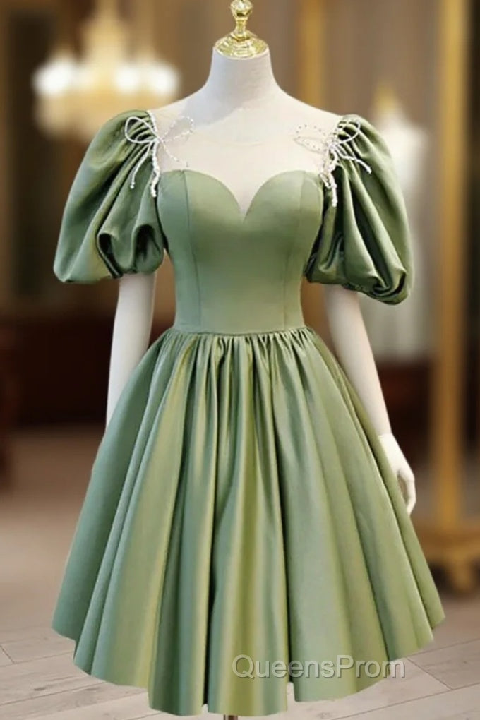 A Line Green Puffy Sleeve Satin Short Evening Prom Dress Homecoming Dress Main image