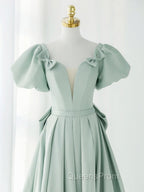 A-Line Green Puffy Sleeve Short Evening Prom Dress, Green Evening Dress