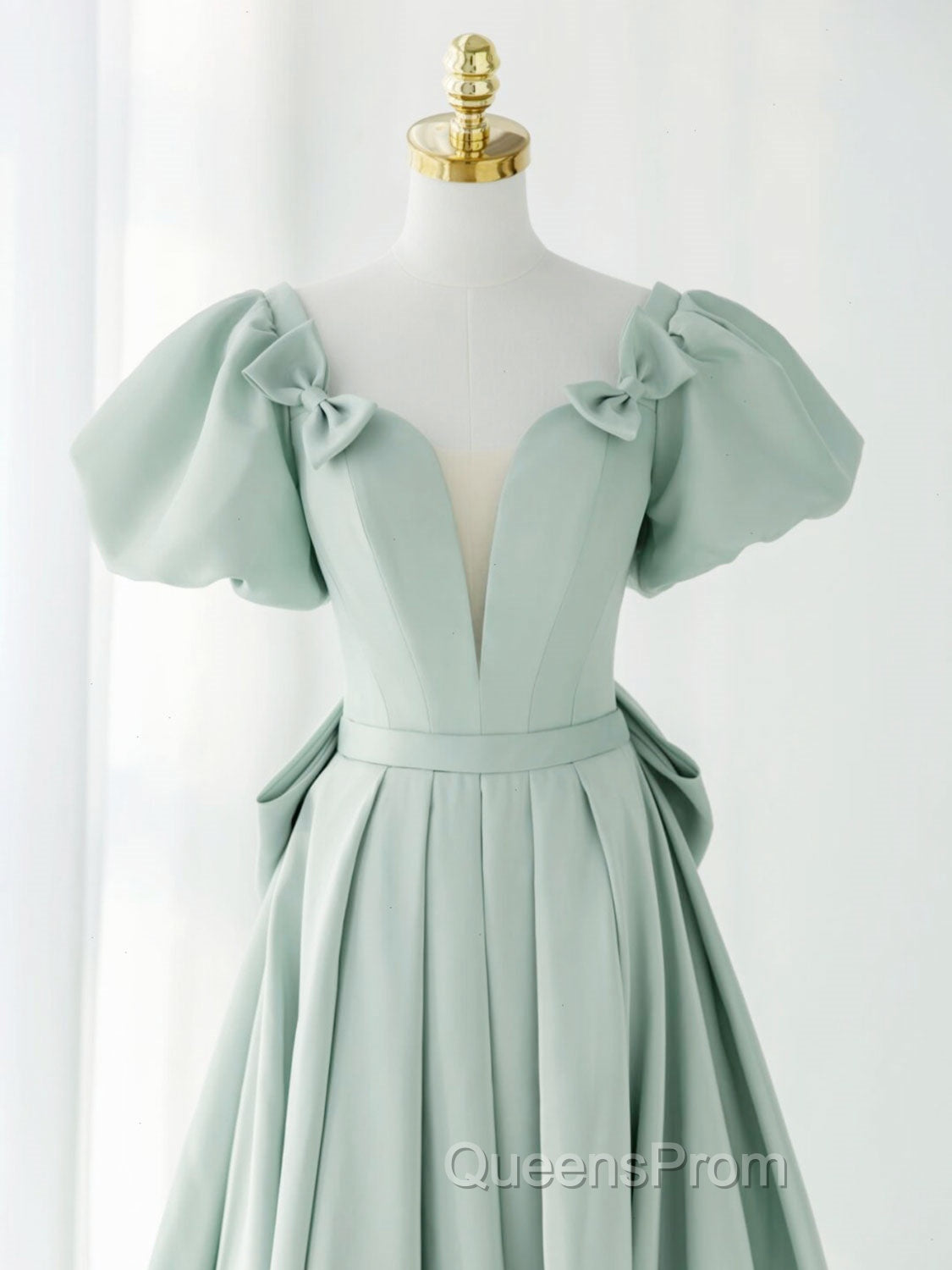 A-Line Green Puffy Sleeve Short Evening Prom Dress, Green Evening Dress