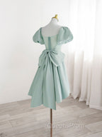 A-Line Green Puffy Sleeve Short Evening Prom Dress, Green Evening Dress